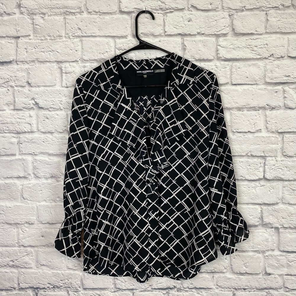 Karl Lagerfeld Ruffle Button-Up Black/White Abstract Pattern Blouse - Medium